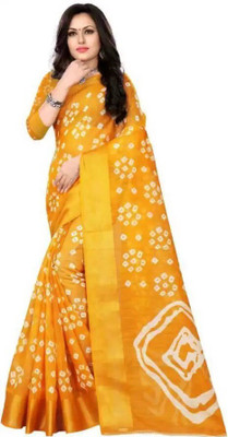 Bhandej Self Design Bandhani Cotton Blend Saree(Yellow)