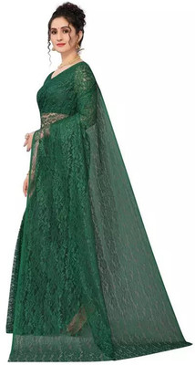 Vragi Dyed, Woven Bollywood Net Saree(Dark Green)