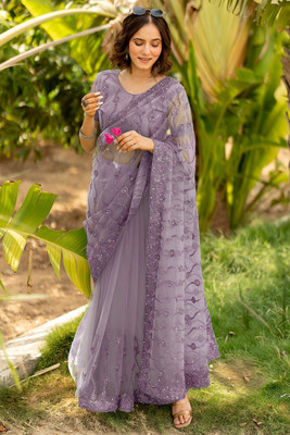 SUBHAM Embroidered, Embellished Bollywood Net Saree(Purple)
