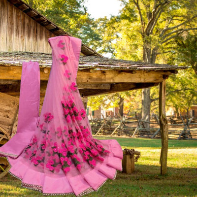 Elegance Avenue Floral Print Bollywood Net Saree(Pack of 2, Pink)