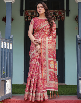 Tasrika Floral Print, Printed, Embellished Handloom Linen Saree(Pink)