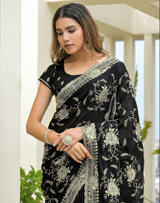 Satrani Embroidered, Embellished Bollywood Jimmy choo, Georgette Saree(Black, Grey)