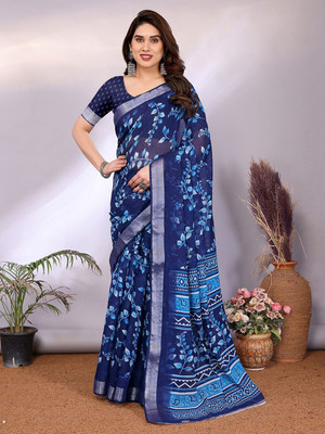 Moda Rapido Printed Bollywood Linen Saree(Pack of 2, Dark Blue)
