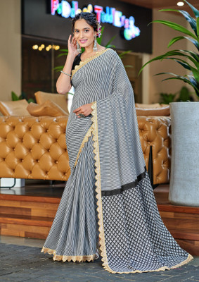 Divastri Striped, Printed Chanderi Cotton Blend Saree(White, Black)