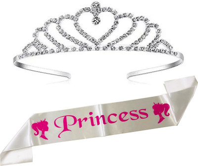 Curated Cart Heart Designed Crown With White Princess Sash For Girls and Women's