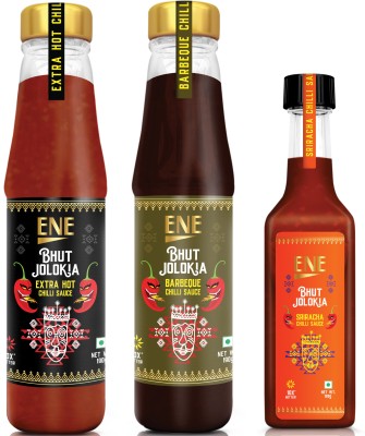 Ene Bhut Jolokia Extra Hot 190g with Barbeque 200g and Sriracha 120g Chilli Sauce Sauces(3 x 166.67 ml)