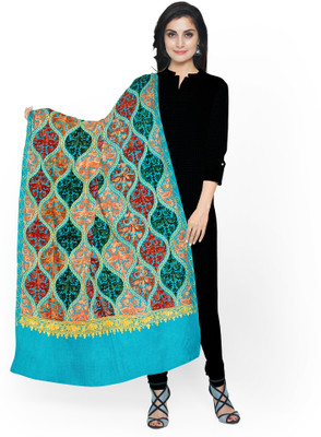 KHEVANHAAR Acrylic, Wool Embroidered Women Shawl(Green, Multicolor)