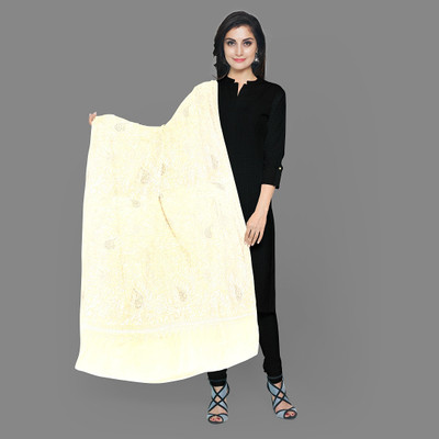 KHEVANHAAR Poly Wool, Wool Embroidered Women Shawl(White)
