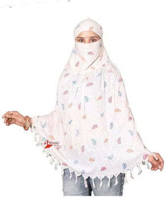 ELOSKAWORLDLLP Cotton Blend Printed Burqa With Hijab(White)