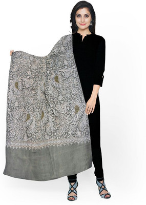KHEVANHAAR Poly Wool, Wool Embroidered Women Shawl(Grey)