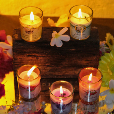 Miss Peach Set of 5 Glass Jar Candle Scented Candles for Home Decoration Candle(Red, Purple, Pink, Yellow, Pack of 5)