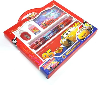 RAINBOW RIDERS McQueen Stationery Kit Bag Shape & Art Plastic Pencil Box Combo Set Geometry Box(Red)