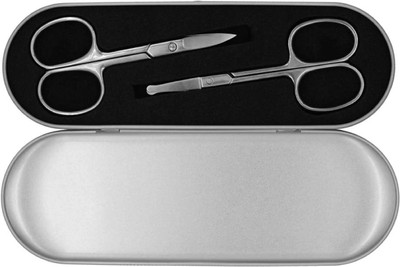 HEZON New Beard Mustache Eyebrow Trimmer Stainless Steel Set with Storage Box Scissors(Set of 2, SLIVER AB)