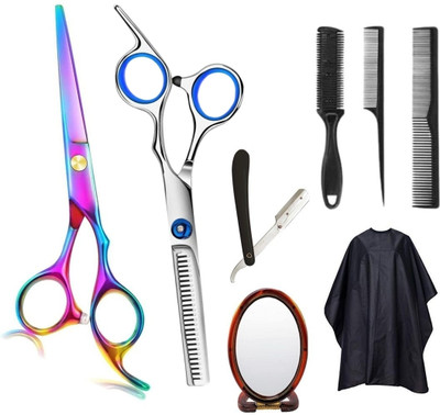 Doberyl Sharp Hairdressing Thinning Scissors Barber Razor Comb Mirror cutting apron Pets Scissors(Set of 8, Rainbow)