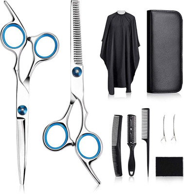 maycreate Professional Hair Cutting Barber Scissors Kit - 6.7 Inch Hairdressing Scissors with 3 Combs, Haircut Cloak and Hair Clips Hairdresser for Men and Women Scissors(Set of 1, Silver)