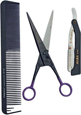 ALBA Textile Barber 7'Inch Scissor, Shaving Razor & Elegant Comb Set Scissors(Set of 3, Black)