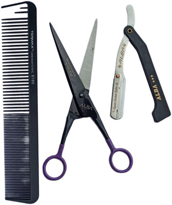ALBA Textile Salon Professional Haircutting Tools Barber Scissor, Razor and Comb Scissors(Set of 3, Black)