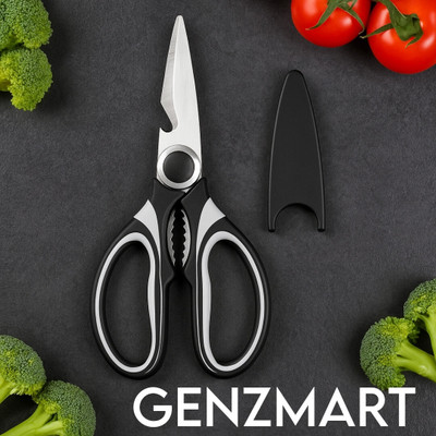 GenZmart Kitchen Scissor for Chicken, Meat, Fish & Veg Cutting – 8.5 Inch Steel Blade Scissors(Set of 1, Black, White)