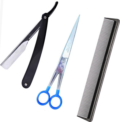 aramco india Salon Professional Barber scissor, Hair Comb and Shaving Razor Barber tools kit Scissors(Set of 3, Multicolor)