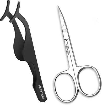 MAJSETIQUE Professional Set - Pointed Small Scissor & Eyelash Curlers Extension Applicator Scissors(Set of 2, Silver, Multicolor)