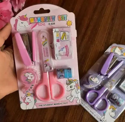 Rockjon Rock Mini Stationary Scissor Stapler Combo Set Pack With 5 Item (Purple, Pink) Scissors(Set of 2, Purple, Pink)