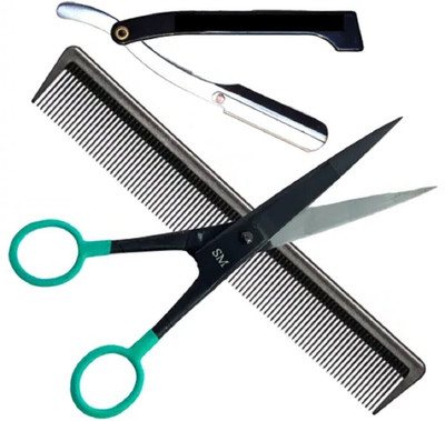 ALBA Textile Barber Unique Scissor Razor and Comb Combo Scissors(Set of 3, Black)