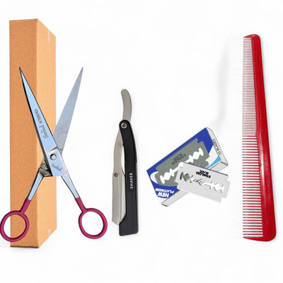 SAZIC Men for Salon Use Hair Cutting Scissor with Barber Razor,Blades & Comb Set Scissors(Set of 1, Pink, Silver)