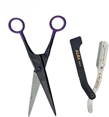 ALBA Textile Shaving Razor Men & Hair Cutting Scissor | 7'Inch Scissor | Scissors(Set of 2, Black)