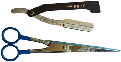 ALBA Textile Salon scissor and Razor | 6' Inch Barber Scissor | Stainless Steel Razor Scissors(Set of 2, Black)