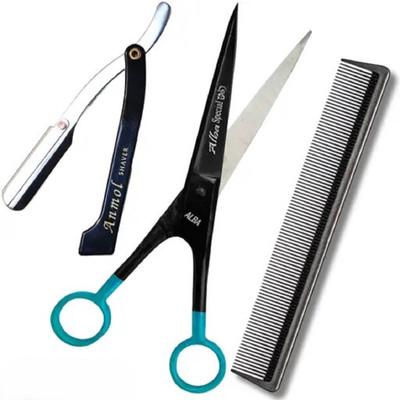 ALBA Textile Salon Barber's Hair Cutting Scissors, Folding Razor & Elegant Comb Scissors(Set of 3, Multicolor)
