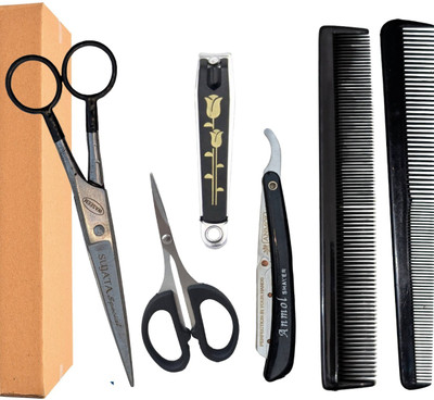 SAZIC Hairdressing Salon & Barber Home Personal Use Nail Cutter Comb Razor Combo Set Scissors(Set of 1, Black)