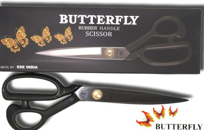 Butterfly 12 Inch Premium Tailoring Scissor for Cloth Cutting with Black Rubber Handle - Professional Fabric Machine Sewing Anti-Rust Stainless Steel Heavy Duty Tailor scissor Scissors(Set of 1, Black)