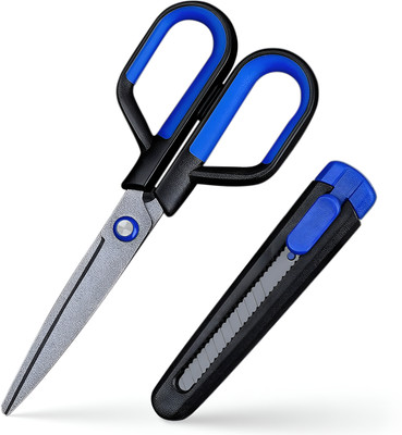 SRBK fashion Multi-Purpose Craft Scissors with Box Cutter Cover, 19cm Stainless Steel Blades Scissors(Set of 1, Black, Blue)