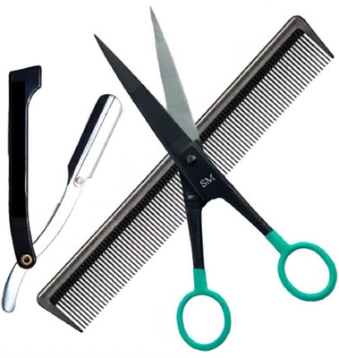 ALBA Textile Salon Haircutting Tools Barber Scissor Razor and Comb Scissors(Set of 3, Black)