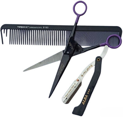 ALBA Textile Hair Cutting Scissor, Shaving Razor, Elegant Comb | Professional Barber Tools Scissors(Set of 3, Black)