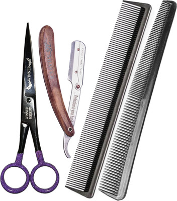 STEAD Barber Scissors Set with Wooden Handle Razor & 2 Combs for Precision Haircutting Scissors(Set of 1, Black)
