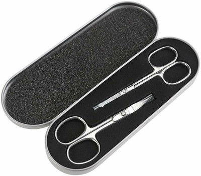 PROBEROS Nose Scissors Beard Mustache Eyebrow Trimmer Stainless Steel Set with Box Scissors(Set of 2, Silver)
