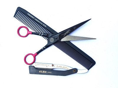 aramco india Barber Salon Razor Scissor and Comb combo Scissors(Set of 3, Multicolor)