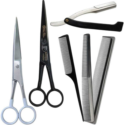 SAMU PRODUCTS 6-in-1 Professional Salon Grooming Kit Scissors(Set of 2, Black, Silver)