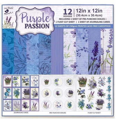 LITTLE BIRDIE Printed Designer Paper Pack 12 X 12 Inch, 12 Designs, 250gsm - Purple Passion Theme,  Scrapbook Kit(DIY)