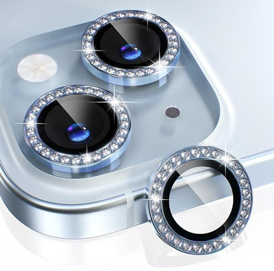 casual need Camera Lens Protector for iPhone 14 /iPhone 14 Plus Bling, 9H Tempered Glass Camera Cover Screen Protector Metal Ring Decoration Accessories (Diamond-Blue)(Pack of 1)