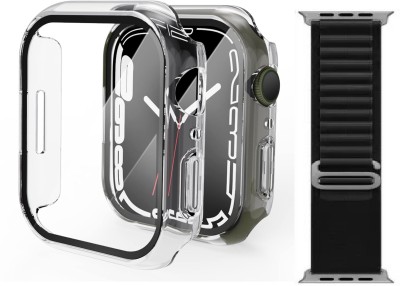 DPJ Edge To Edge Tempered Glass for Apple Watch Series 9/8/7 45mm with Tempered Glass Screen Protector, iWatch Screen Guard, Touch Sensitive, Full Coverage Bumper Protective Cover - (45mm Transparent) with Black Strap (Combo) (One Pcs Cover+ One Pcs Strap)(Pack of 2)