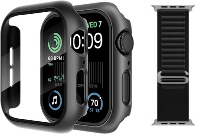 DPJ Edge To Edge Tempered Glass for Hard PC Case Compatible with Apple Watch Series 6/5/4/SE/SE2 44mm with Tempered Glass Screen Protector, iWatch Screen Guard, Touch Sensitive, Full Coverage Bumper Protective Cover (44mm Black) with Black Alpine Strap (Combo) (One Pcs Cover+One Pcs Strap)(Pack of 2