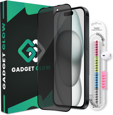 Gadget Glow Edge To Edge Tempered Glass for iPhone 15, iPhone 14 Pro, ( 1 Privacy Matte Anti Spy Glass with 1 Cable Protector )(Pack of 2)