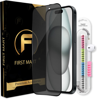 FIRST MART Edge To Edge Tempered Glass for iPhone 15, iPhone 14 Pro, ( 1 Privacy Matte Anti Spy Glass with 1 Cable Protector )(Pack of 2)
