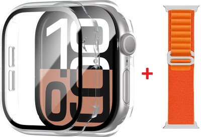DPJ Edge To Edge Tempered Glass for Apple Watch 46mm Series 10 with Tempered Glass Screen Protector with Strap [ ONE UNIT CLEAR CASE + ONE UNIT ORANGE STRAP] [COMBO](Pack of 2)