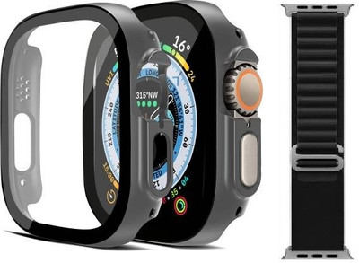 Skymac Front and Back Tempered Glass for Apple Watch Series 8 49MM Hard PC Case with 9H Tempered Glass Screen Protector Compatible with U9 Ultra, MT8 Ultra, TG88 Ultra, S8 Ultra, Ultra-Thin Scratch Resistant Overall Protective Cover Size-49mm -Black With Black Strap (One Pcs Black Cover + One Pcs Bl Skymac Front and Back Tempered Glass for Apple Watch Series 8 49MM Hard PC Case with 9H Tempered Glass Screen Protector Compatible with U9 Ultra, MT8 Ultra, TG88 Ultra, S8 Ultra, Ultra-Thin Scratch Resistant Overall Protective Cover Size-49mm -Black With Black Strap (One Pcs Black Cover + One Pcs Bl