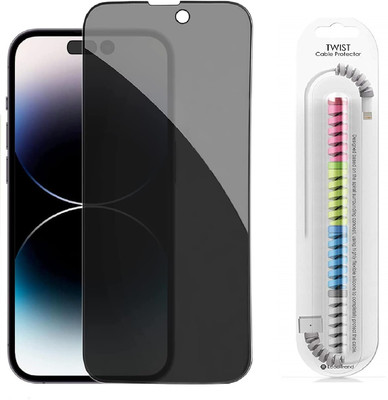 DPJ Edge To Edge Tempered Glass for Iphone 13 Pro Max / 14 Plus (6.7 Inches), Privacy Tempered Glass Screen Protector Compatible for Iphone 13 Pro Max / 14 Plus (6.7 Inches) with Cable Protector [One Pcs Privacy Tempered Glass+ One Pcs Cable Protector](Pack of 2)