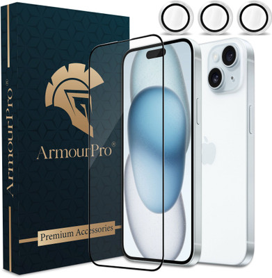ArmourPro Edge To Edge Tempered Glass for Apple iPhone 15, Apple iPhone 15, OG Tempered Glass with Camera Protector Rings Silver Colour(Pack of 1)