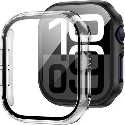 DPJ Edge To Edge Tempered Glass for Apple Watch Series 10 42mm, Slim Guard Bumper Full Coverage Hard PC Protective Cover HD Ultra-Thin Cover for iWatch 10 42mm, Black+Clear(Pack of 2)